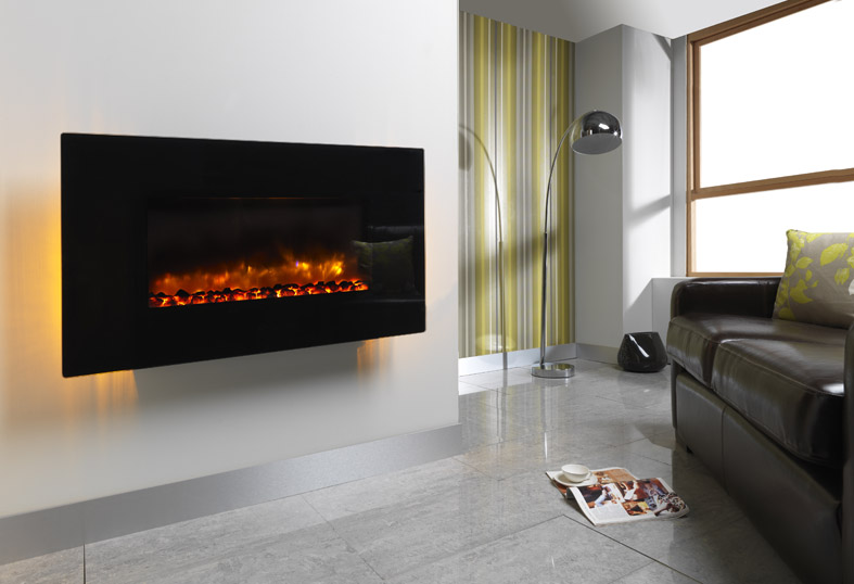 ORLANDO 2KW WALL MOUNTED ELECTRIC FIRE 42" FLAT BLACK GLASS