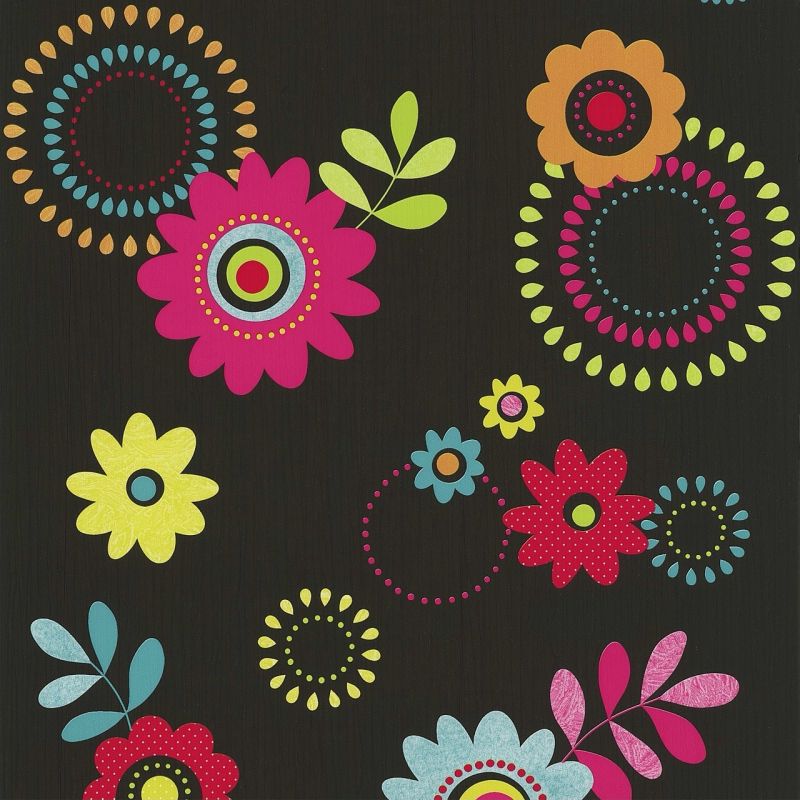 X-TREME COLOUR BLACK / MULTI RETRO FLOWER WALLPAPER 