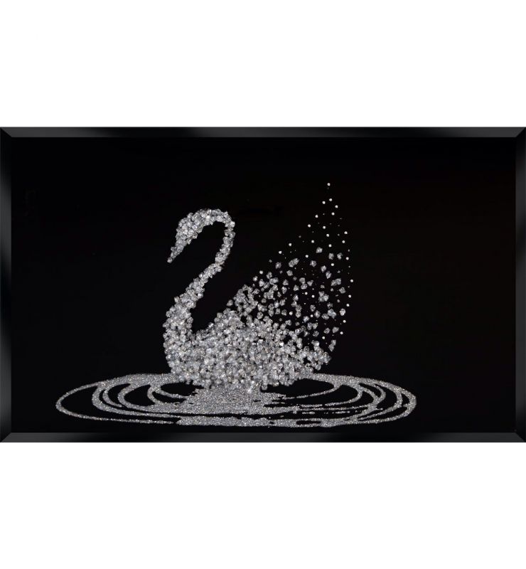 SILVER GLITTER SWAN ON BLACK GLASS